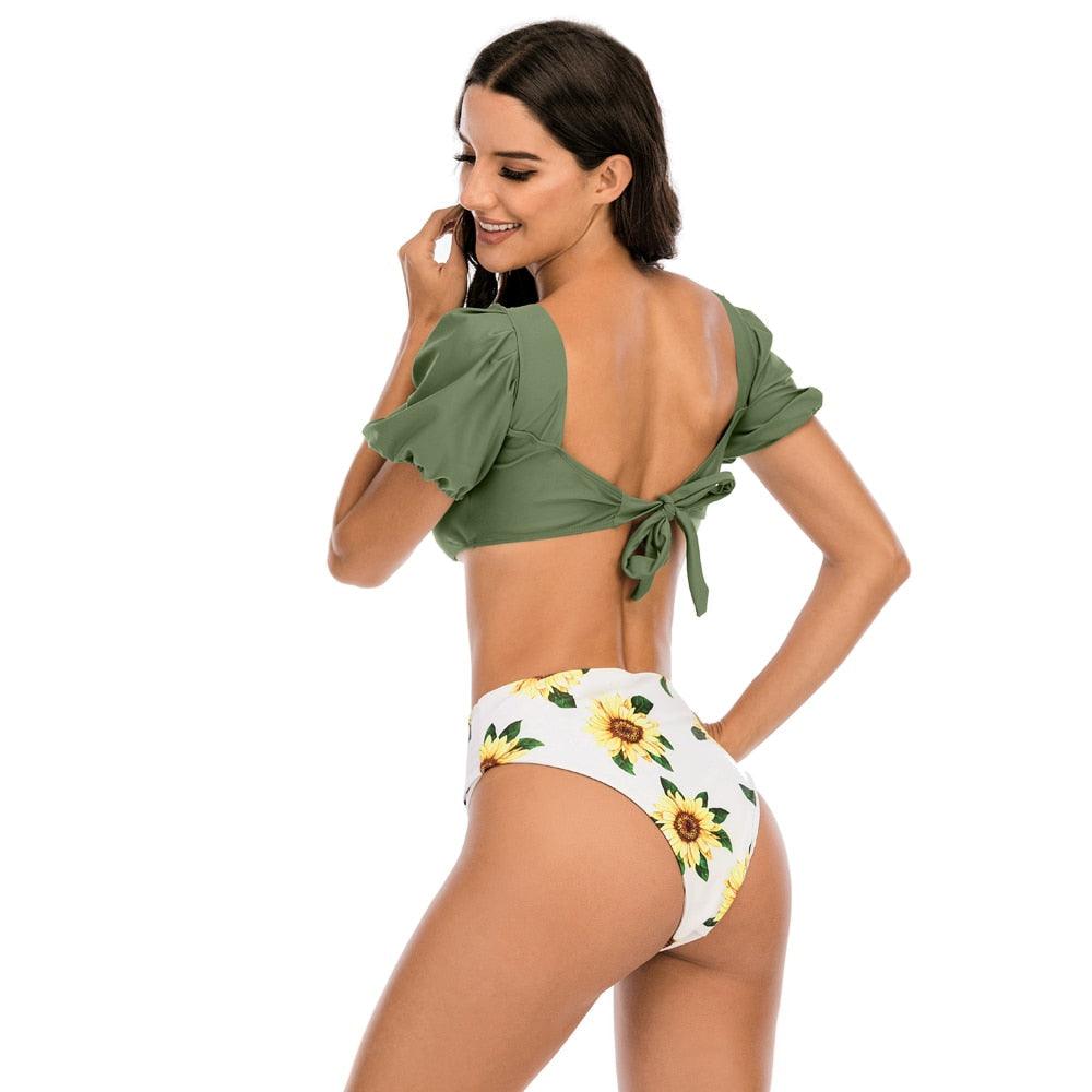 Bikini New 2 Piece Women Swimsuit Women's High Waist Bikini Set Fashion Puff Sleeve Swimwear Set Bathing Suits Solid Color Short Puff Sleeve Summer High Waist Cut Backless Bathing Suit Beachwear